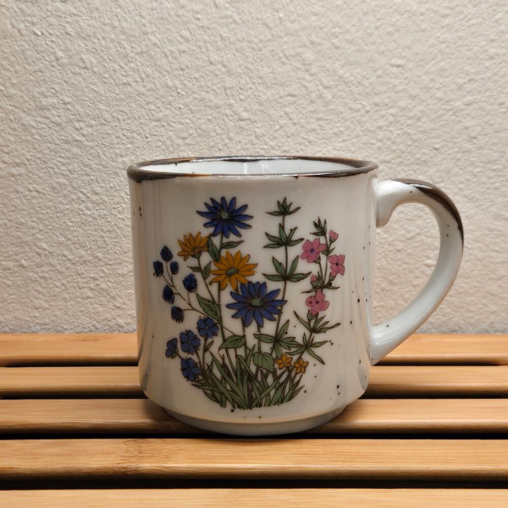 Vintage Takahashi Japan Speckled Stoneware Wildflower Coffee Mug MCM Boho Floral